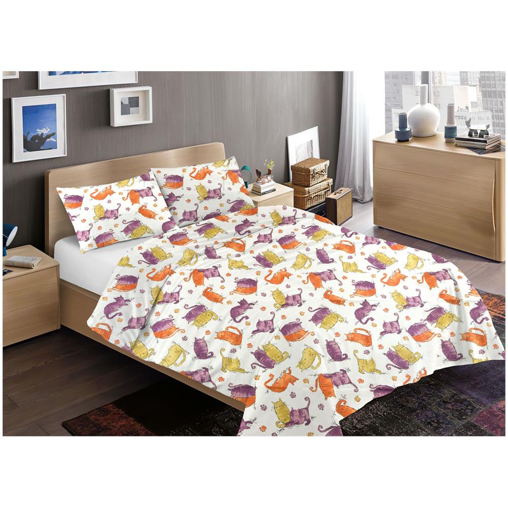 Sacco Copripiumino Piumone Letto In 100% Cotone Disegno Gatti Mod Rp Micio Colorato Animali Made Italy Piazza E Mezza Arancio - Foto 1
