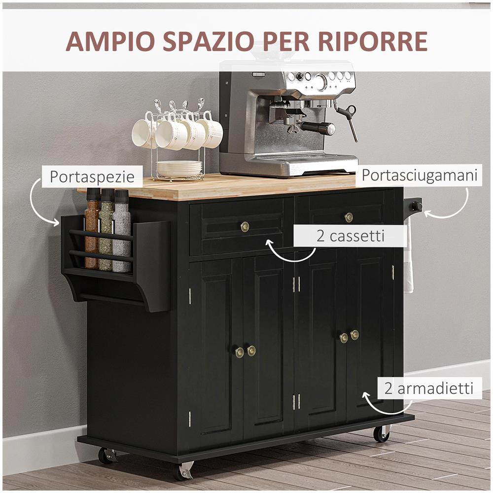 Carrello da Cucina Portavivande con Cassetti, Armadietti e Portaspezie, in Legno e MDF, 111x44.5x82.5 cm, Nero - Foto 6