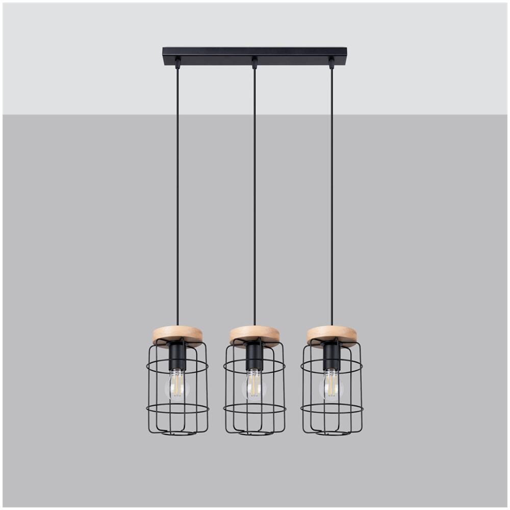 Lampada A Sospensione Gotto 3l Sl. 1264 - Industriale Lampade A Sospensione Legno Nero 115x60x15 Cm - Foto 2