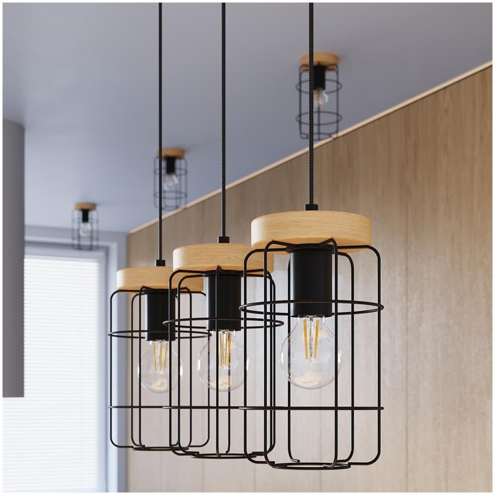 Lampada A Sospensione Gotto 3l Sl. 1264 - Industriale Lampade A Sospensione Legno Nero 115x60x15 Cm - Foto 7
