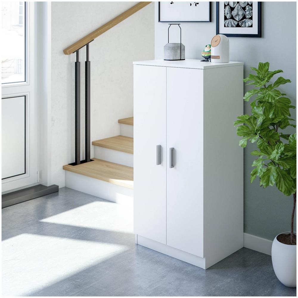 Armadio Multiuso Corona, Mobile Ausiliario A 2 Ante, Mobile Basso Portascarpe Con 6 Ripiani, Scarpiera Moderna, 55x36h108 Cm, Bianco - Foto 1
