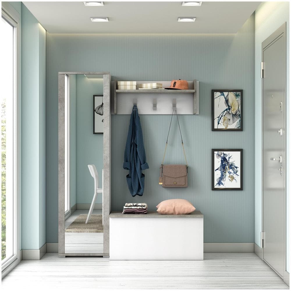 Mobile Da Ingresso Mirtilla, Entratina Moderna Con Appendiabiti, Mobile Con Scarpiera, Armadietto Con Specchio, Cm 50x32h182, Bianco E Cemento - Foto 1