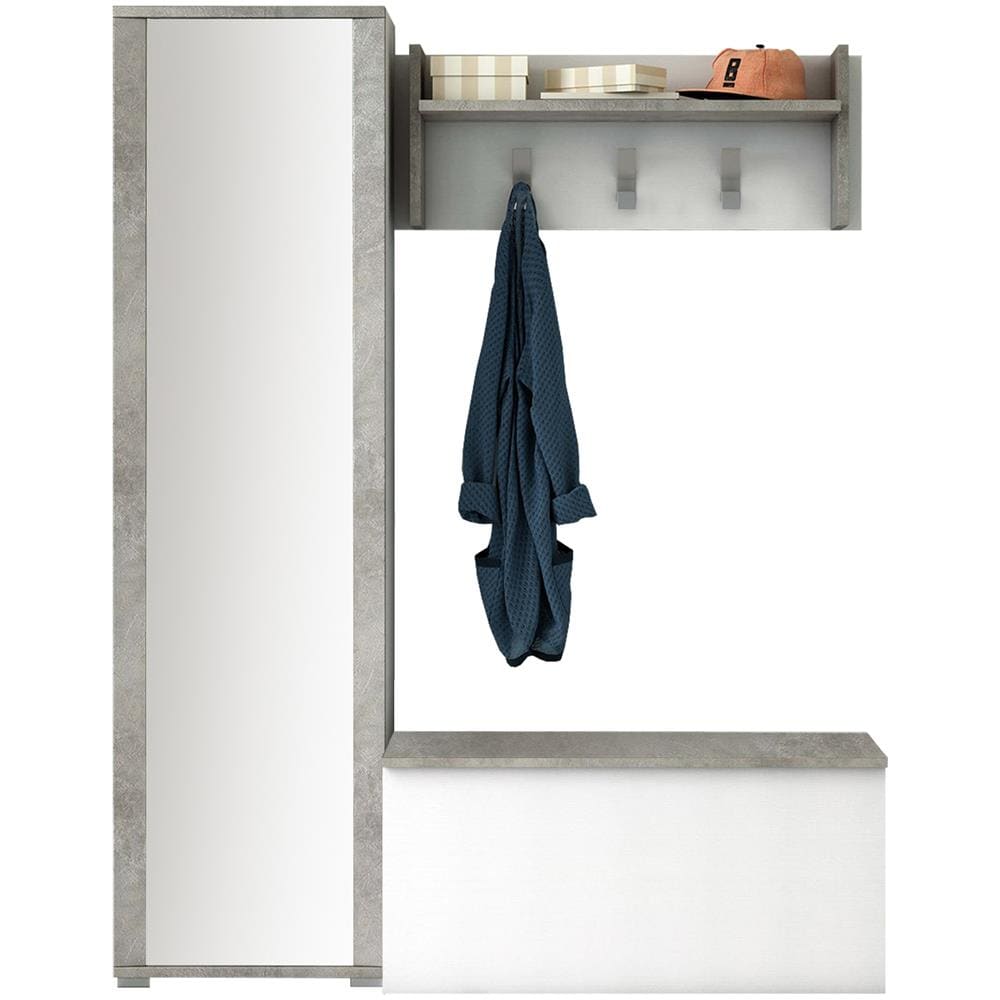 Mobile Da Ingresso Mirtilla, Entratina Moderna Con Appendiabiti, Mobile Con Scarpiera, Armadietto Con Specchio, Cm 50x32h182, Bianco E Cemento - Foto 4