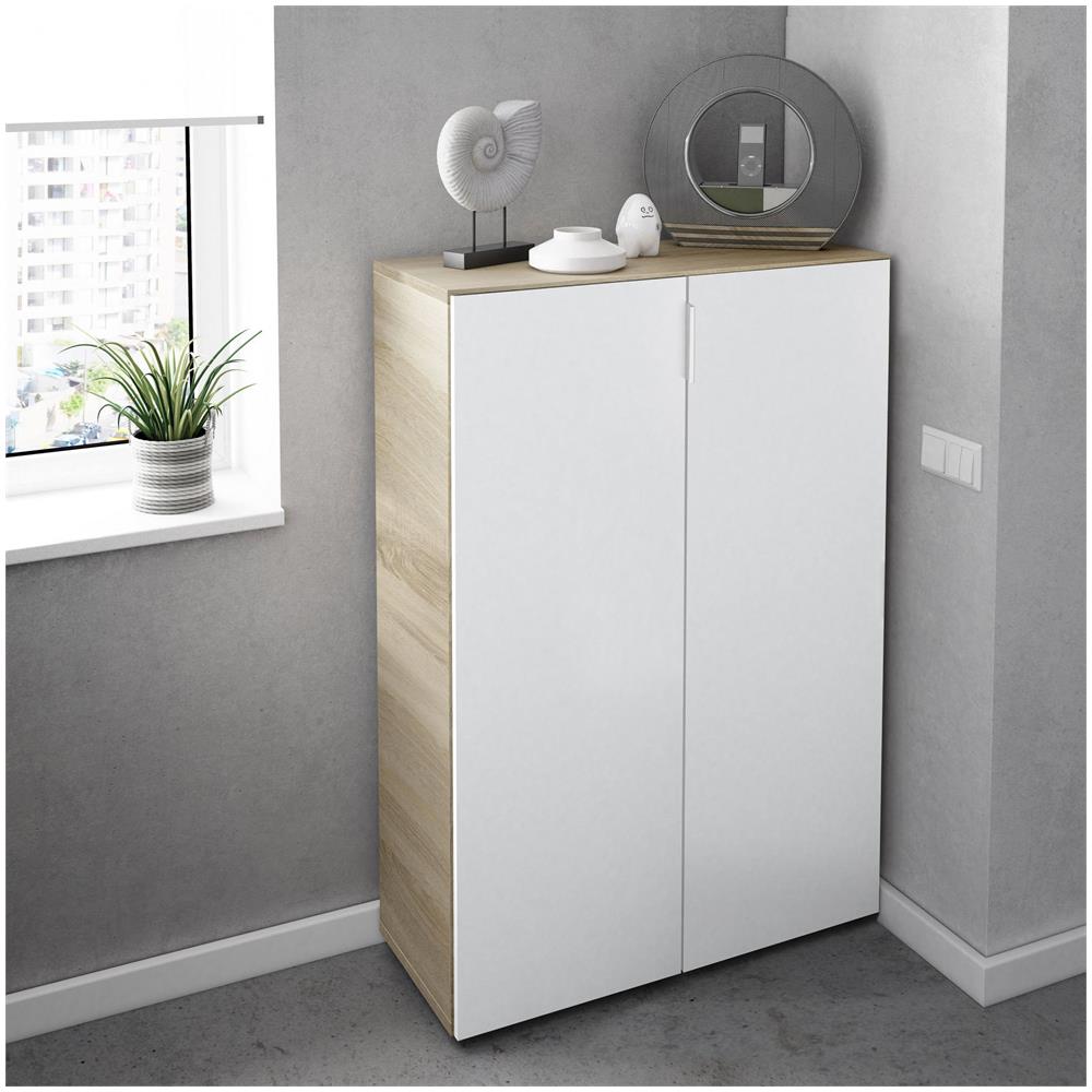 Armadio Multiuso Olathe, Mobile Ausiliario A 2 Ante, Guardaroba Basso Portascarpe Con 6 Ripiani, Scarpiera Bassa, 70x36h103 Cm, Rovere E Bianco - Foto 1