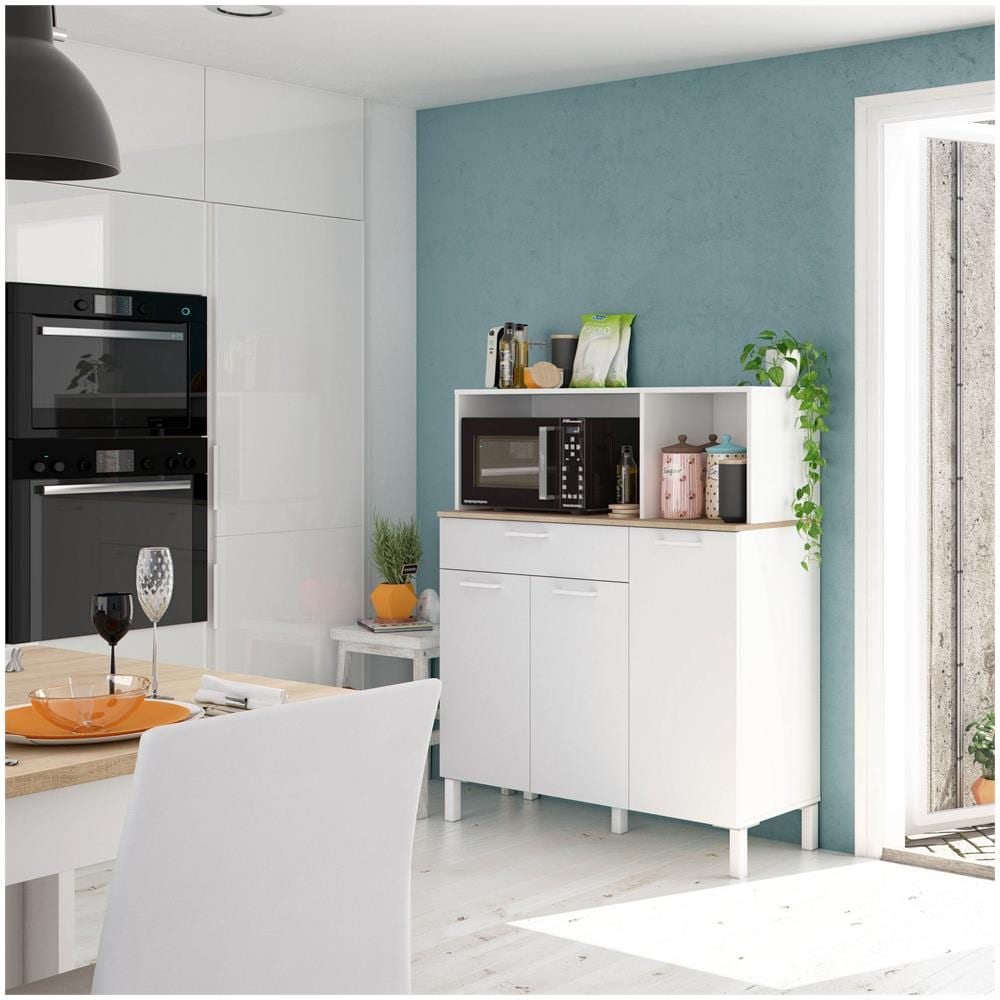 Armadio Multiuso Norfolk, Mobile Ausiliario Da Cucina, Credenza A 3 Ante E 1 Cassetto Con Ripiani, Armadio Aperto, 108x40h126 Cm, Bianco E Rovere - Foto 1