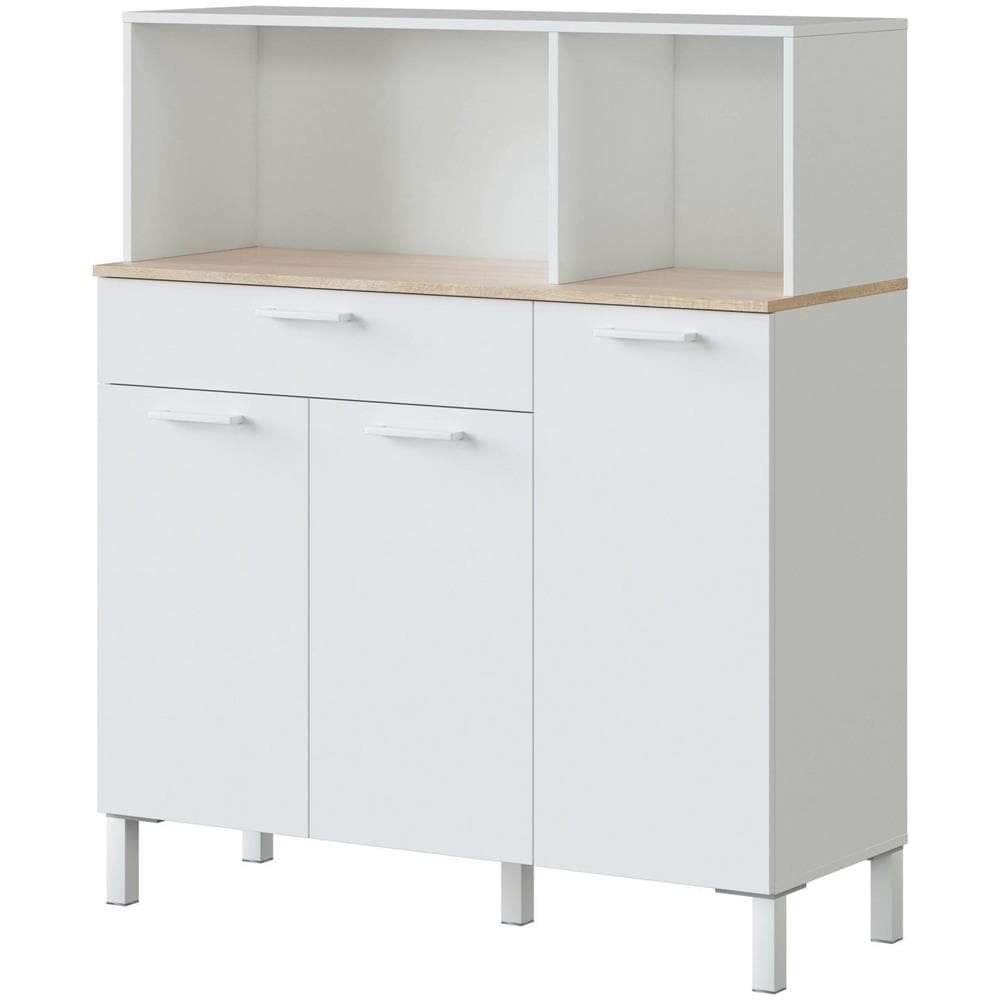 Armadio Multiuso Norfolk, Mobile Ausiliario Da Cucina, Credenza A 3 Ante E 1 Cassetto Con Ripiani, Armadio Aperto, 108x40h126 Cm, Bianco E Rovere - Foto 2