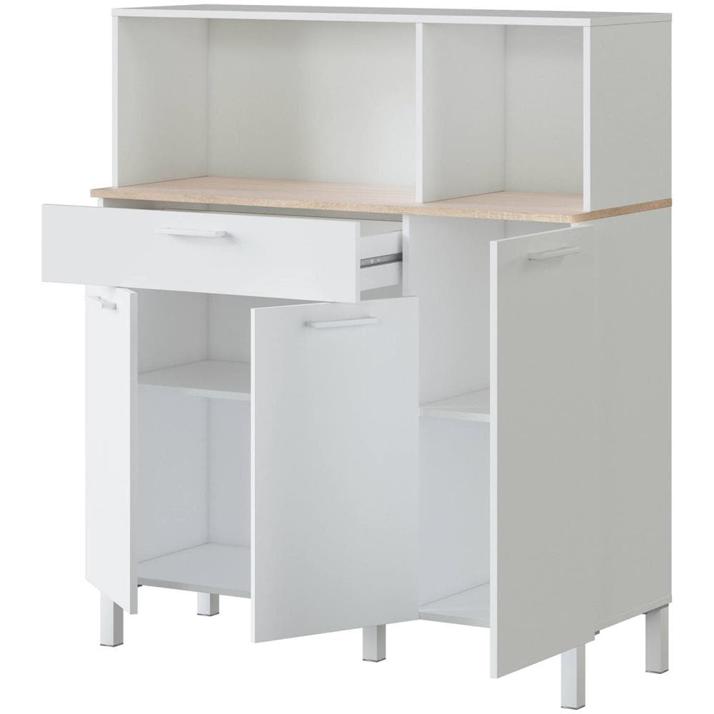 Armadio Multiuso Norfolk, Mobile Ausiliario Da Cucina, Credenza A 3 Ante E 1 Cassetto Con Ripiani, Armadio Aperto, 108x40h126 Cm, Bianco E Rovere - Foto 3