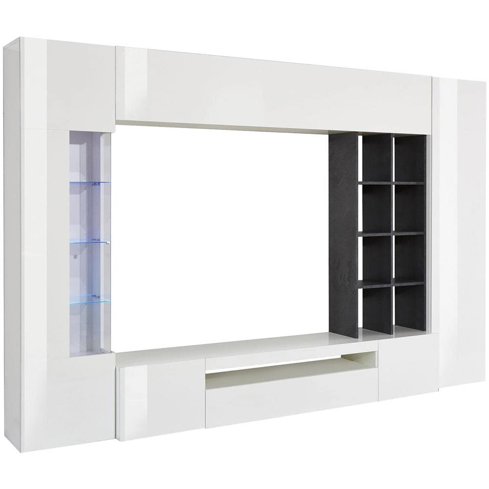 Parete Attrezzata Ocean, Set Salotto Porta Tv, Mobile Soggiorno Multiuso Con Luce Led, 100% Made In Italy, Cm 290x40h192, Bianco Lucido E Ardesia - Foto 2