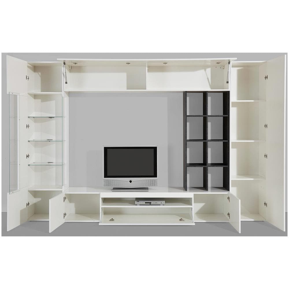 Parete Attrezzata Ocean, Set Salotto Porta Tv, Mobile Soggiorno Multiuso Con Luce Led, 100% Made In Italy, Cm 290x40h192, Bianco Lucido E Ardesia - Foto 4