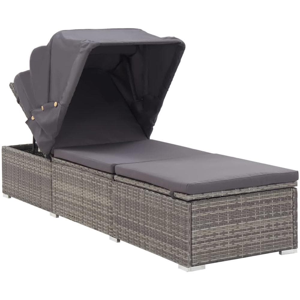 Lettino Prendisole Con Tettuccio E Cuscino In Polyrattan Grigio - Foto 2