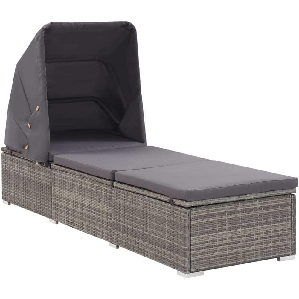 Lettino Prendisole Con Tettuccio E Cuscino In Polyrattan Grigio - Foto 1