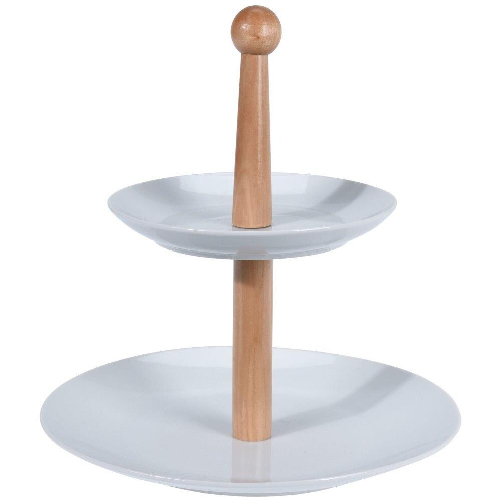 Patera In Porcellana Con Supporto In Legno Per Torte, Torte, Frutta - 2 Livelli - Foto 1