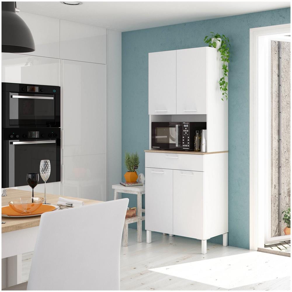 Armadio Multiuso Chandler, Mobile Ausiliario Da Cucina, Credenza A 4 Ante E 1 Cassetto Con Ripiani, Armadio Aperto, 72x40h186 Cm, Bianco E Rovere - Foto 1