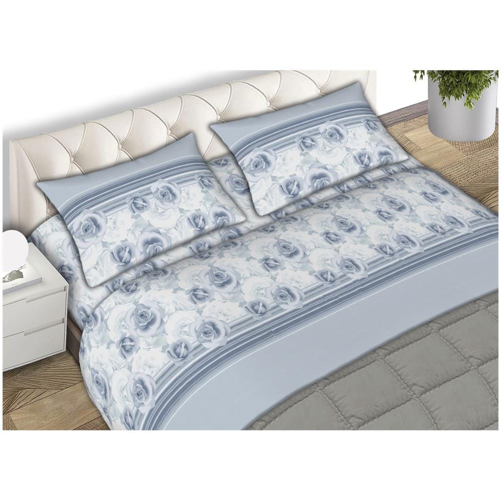 Completo Lenzuola In Morbida Flanella Made Italy Disegno Floreale Roseto C.n 2 Piazze Azzurro - Foto 1