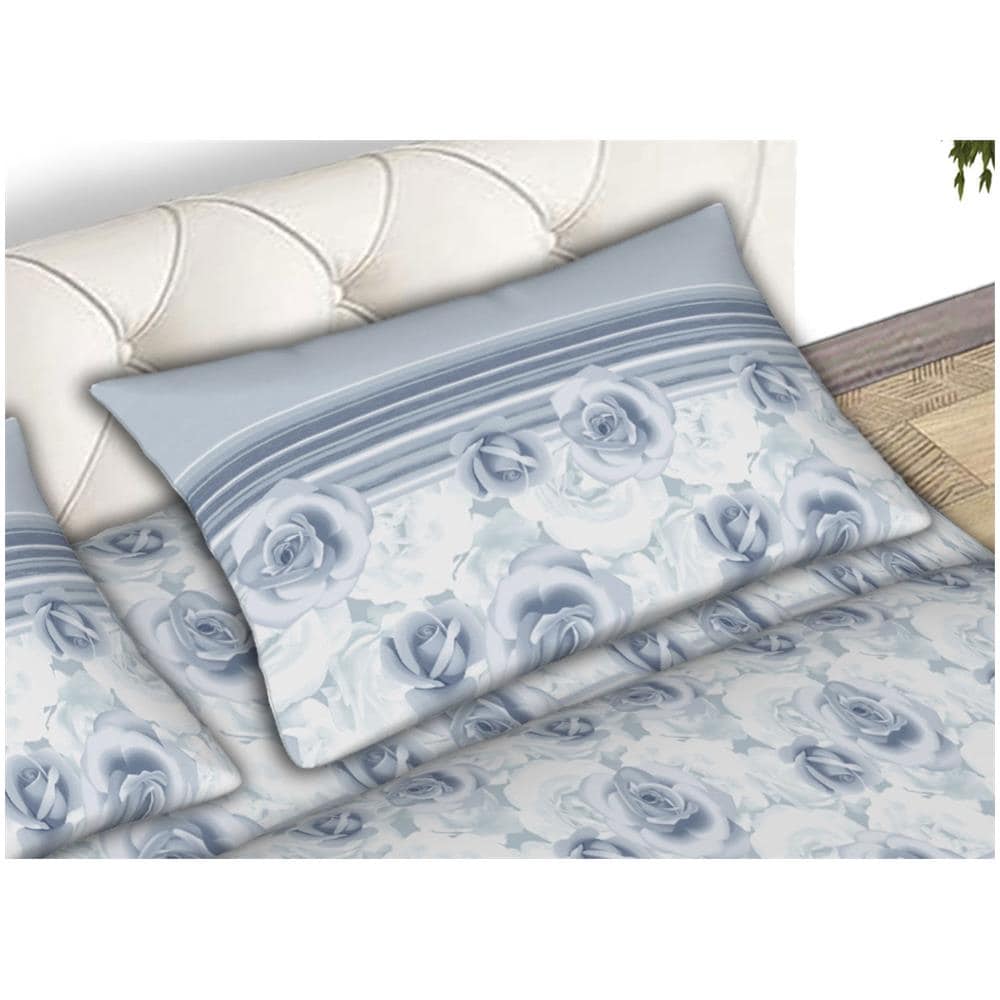 Completo Lenzuola In Morbida Flanella Made Italy Disegno Floreale Roseto C.n 2 Piazze Azzurro - Foto 2