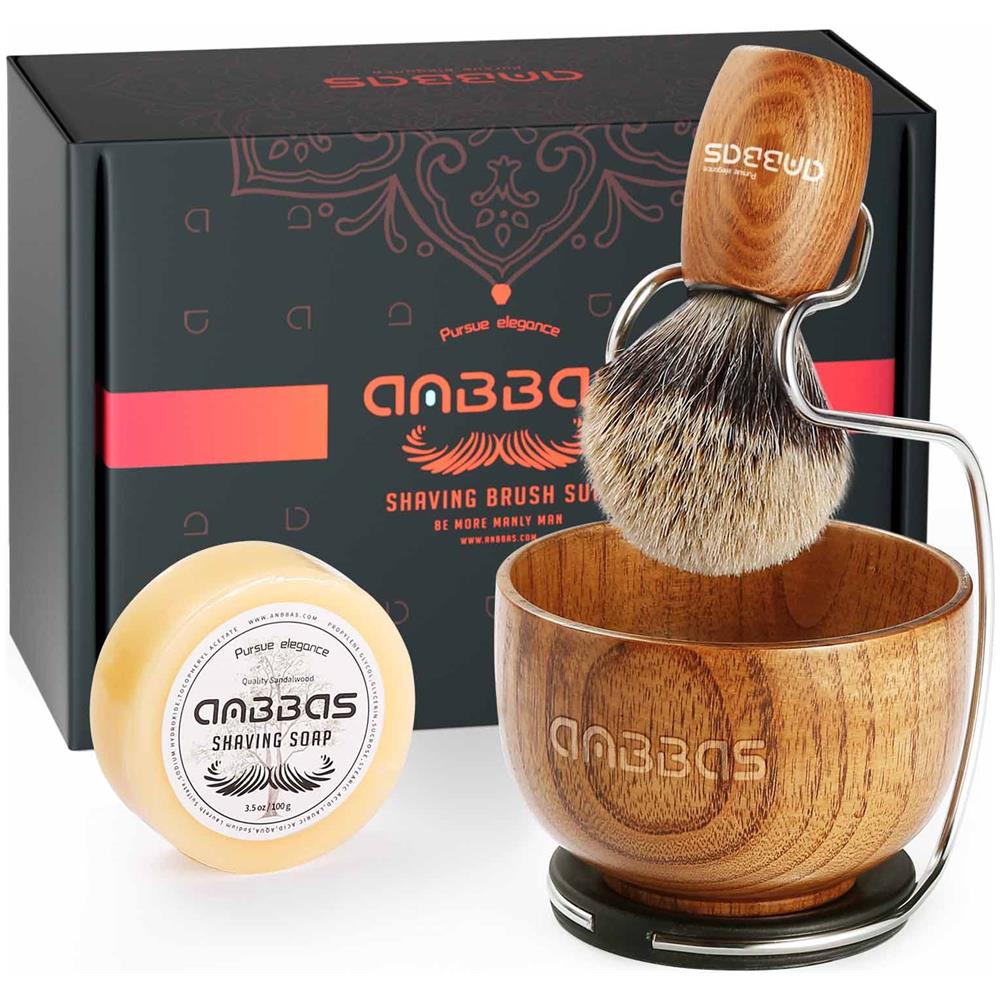 Set Da Barba 4 In 1, Pennello Da Barba In Pelo Di Tasso Puro Manico In Legno E Grande Ciotola Per Sapone, Supporto Da Barba In Acciaio Inossidabile Con Ricarica Disco Di Sapone Da Barba Naturale Da 35 Oz Per Uomo - Foto 1
