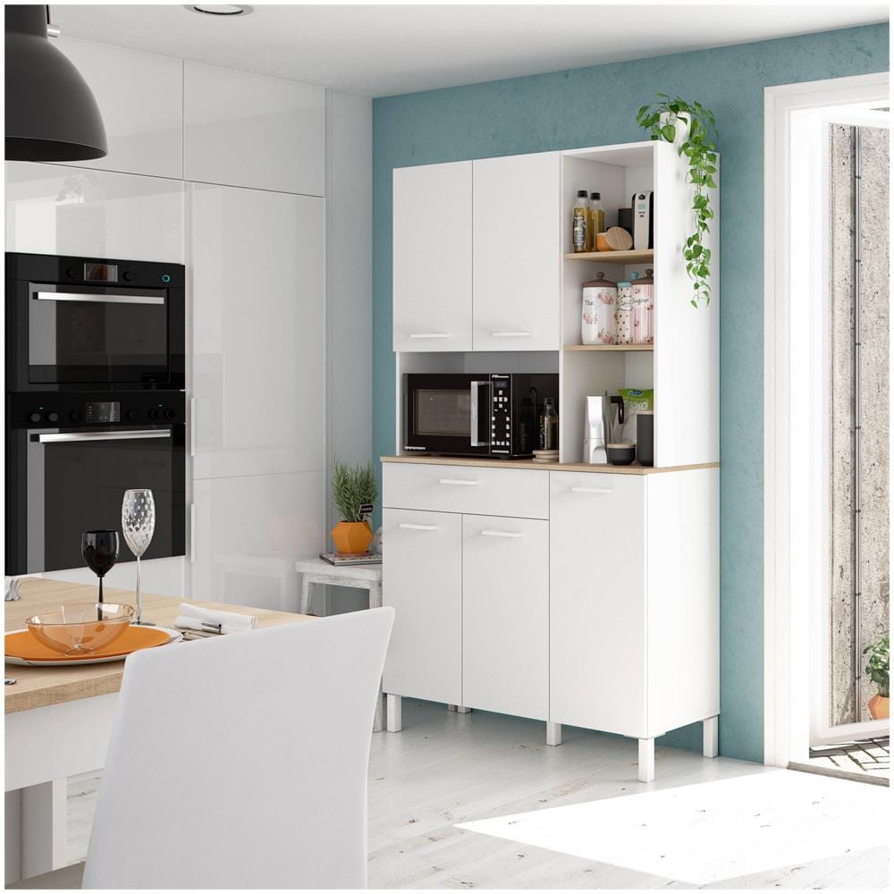 Armadio Multiuso Laredo, Mobile Ausiliario Da Cucina, Credenza A 5 Ante E 1 Cassetto Con Ripiani, Armadio Aperto, 108x40h186 Cm, Bianco E Rovere - Foto 1