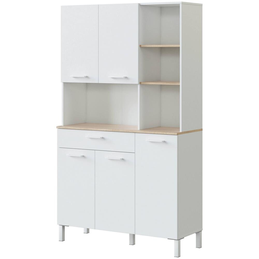 Armadio Multiuso Laredo, Mobile Ausiliario Da Cucina, Credenza A 5 Ante E 1 Cassetto Con Ripiani, Armadio Aperto, 108x40h186 Cm, Bianco E Rovere - Foto 2
