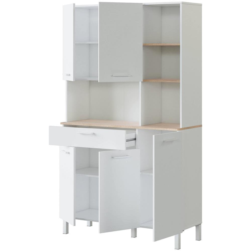 Armadio Multiuso Laredo, Mobile Ausiliario Da Cucina, Credenza A 5 Ante E 1 Cassetto Con Ripiani, Armadio Aperto, 108x40h186 Cm, Bianco E Rovere - Foto 3