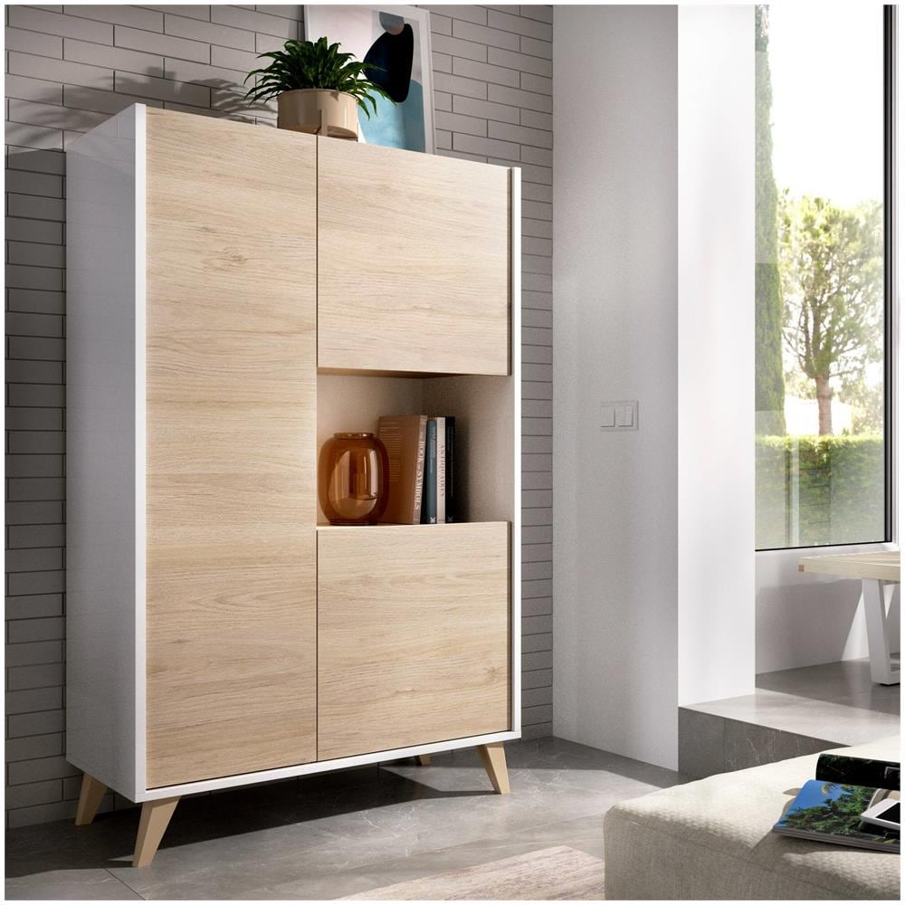 Credenza Boario, Buffet Alto Da Soggiorno, Madia Moderna Da Salotto A 3 Ante, 81x43h135 Cm, Rovere E Bianco - Foto 1