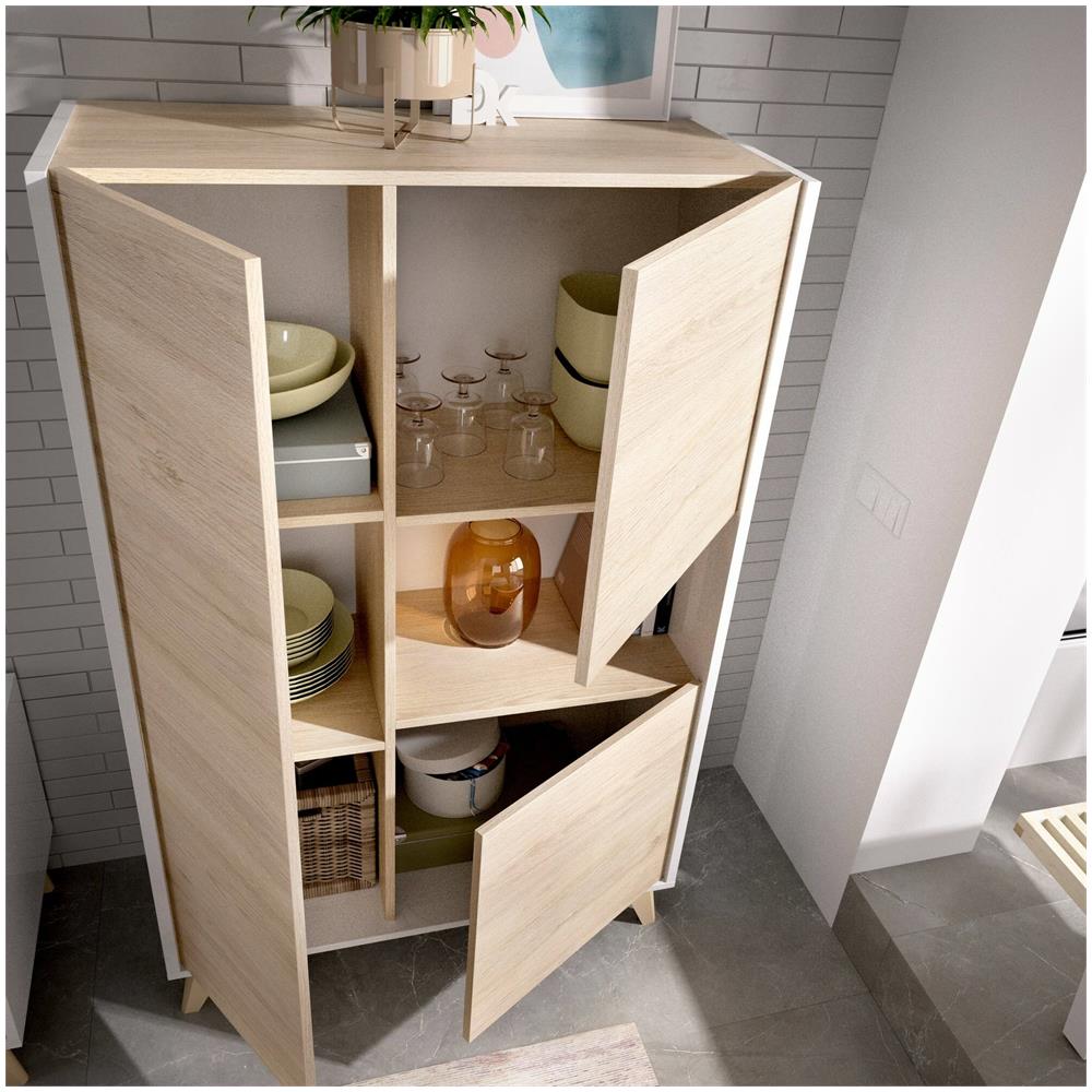 Credenza Boario, Buffet Alto Da Soggiorno, Madia Moderna Da Salotto A 3 Ante, 81x43h135 Cm, Rovere E Bianco - Foto 4