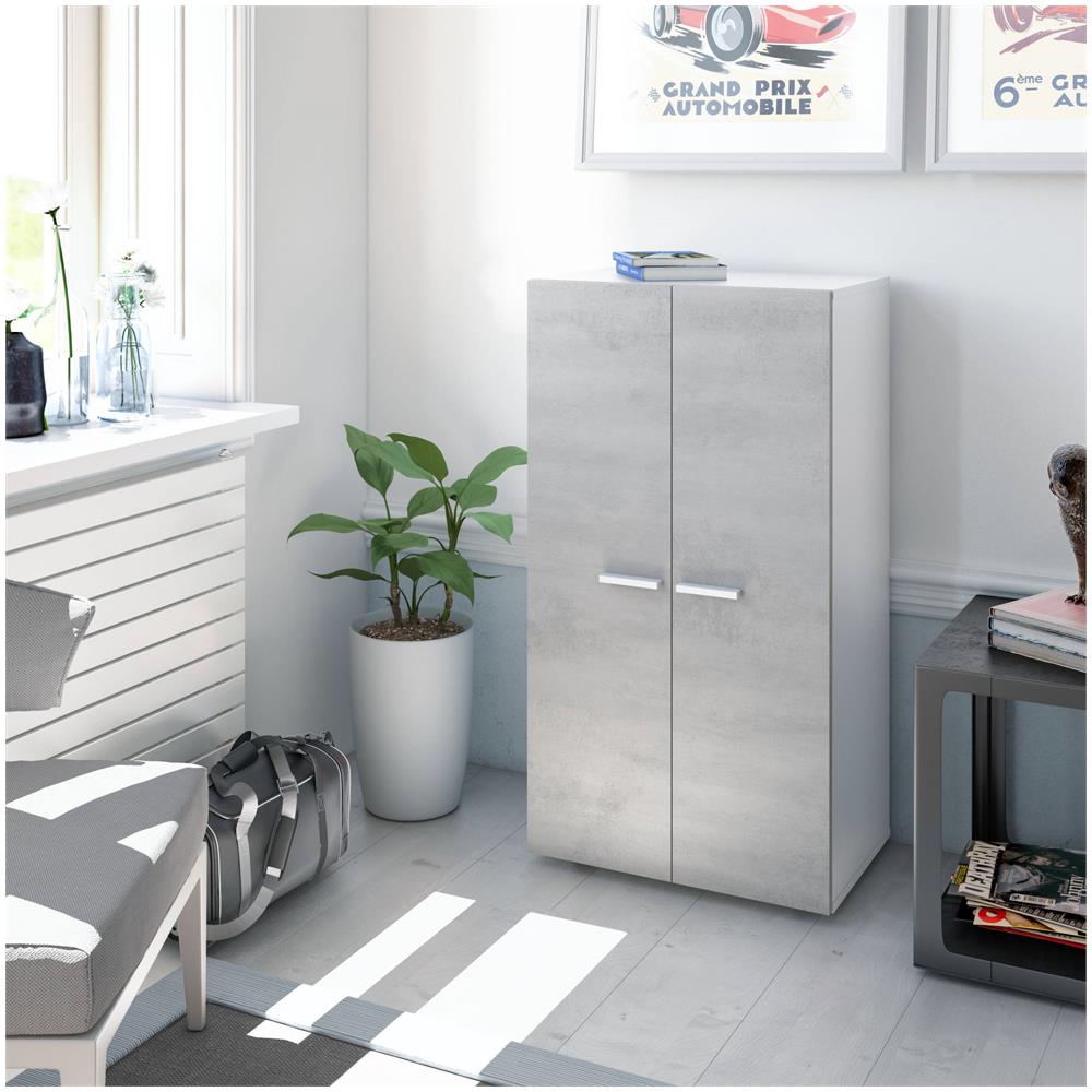 Armadio Multiuso Norwalk, Armadio Portascarpe A 2 Ante, Mobile Basso Con 6 Ripiani, Scarpiera Bassa Moderna, 55x36h103 Cm, Bianco E Cemento - Foto 1