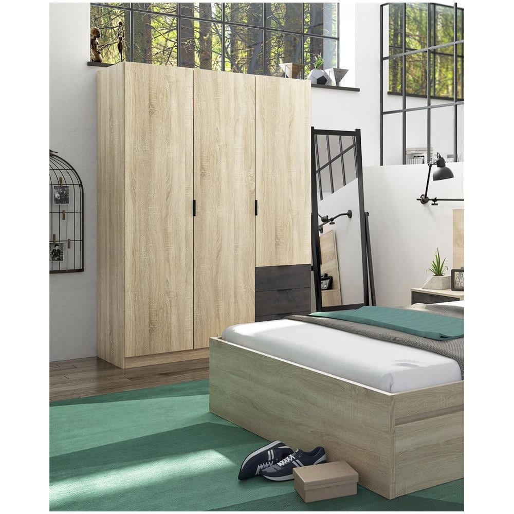 Guardaroba Allentown, Armadio Per Camera Da Letto A 3 Ante E 3 Cassetti, Mobile Con Barra Appendiabiti E 3 Ripiani, 121x52h180 Cm, Rovere E Ossido - Foto 1