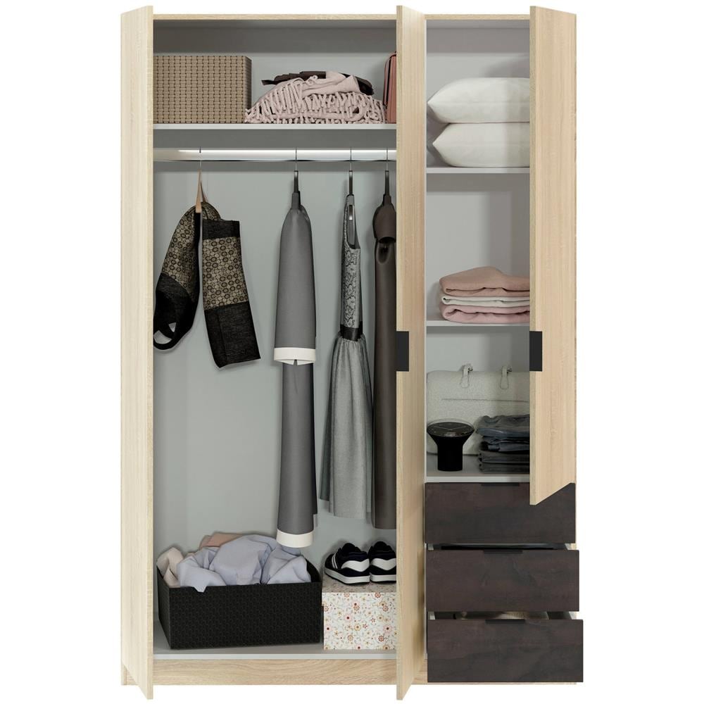 Guardaroba Allentown, Armadio Per Camera Da Letto A 3 Ante E 3 Cassetti, Mobile Con Barra Appendiabiti E 3 Ripiani, 121x52h180 Cm, Rovere E Ossido - Foto 4