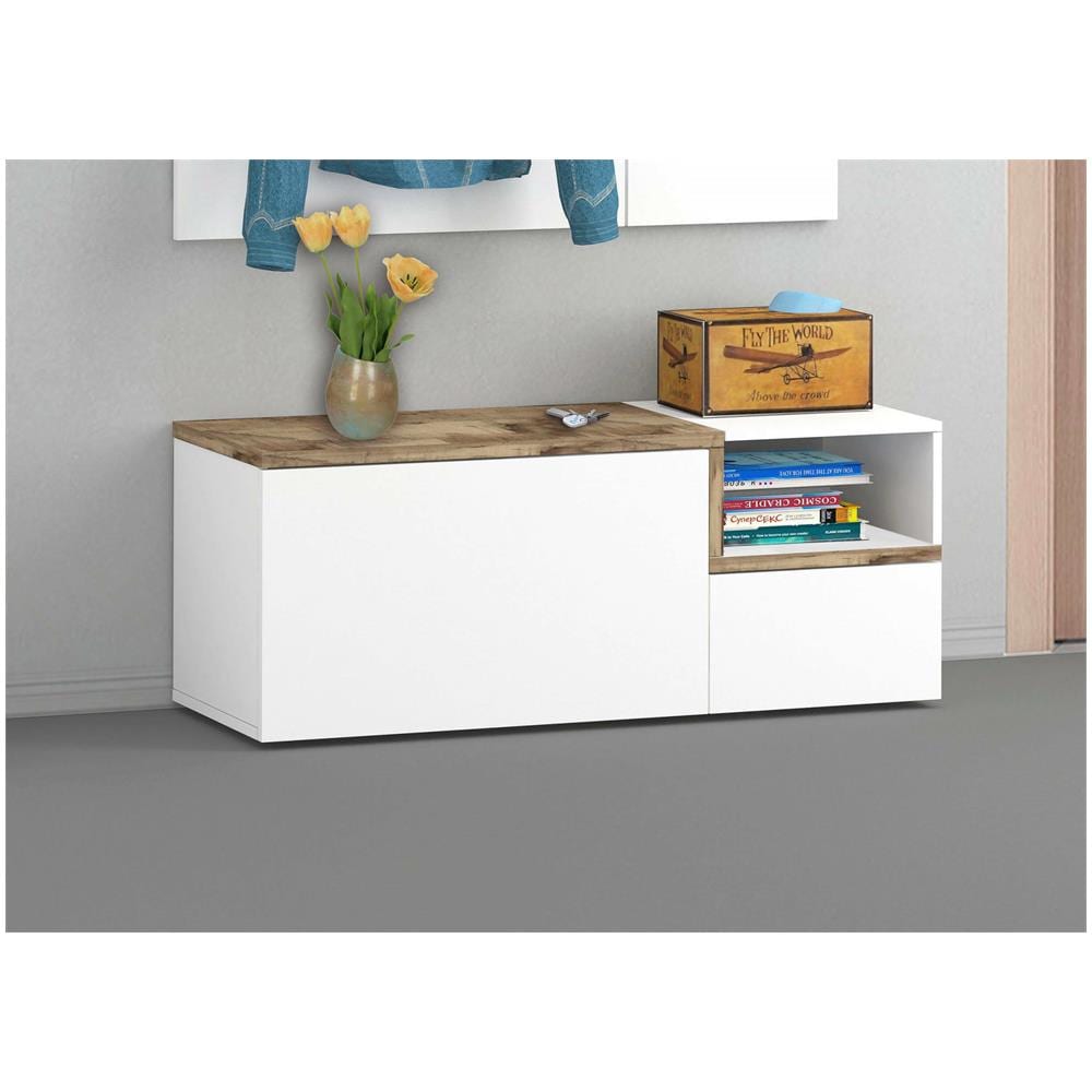 Mobile Da Ingresso Flavio, Entratina Moderna Multifunzione, Armadietto Multiuso Per Atrio, 100% Made In Italy, Cm 120x40h54, Bianco Lucido E Acero - Foto 1