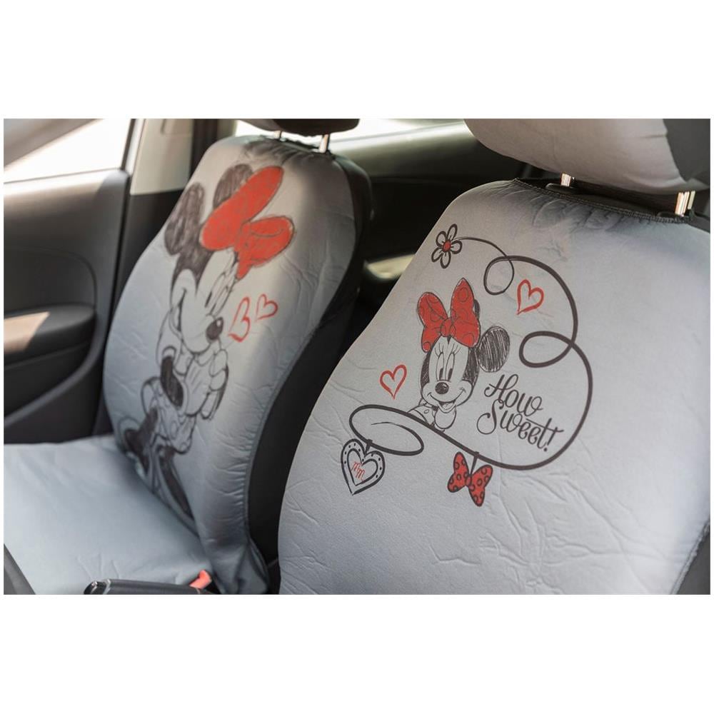 Coppia Coprisedili Anteriori Auto Minnie Mouse Topolina Poggiatesta Grigio Rosso Airbag Compatibile Universale Per Tutte Le Auto - Foto 2