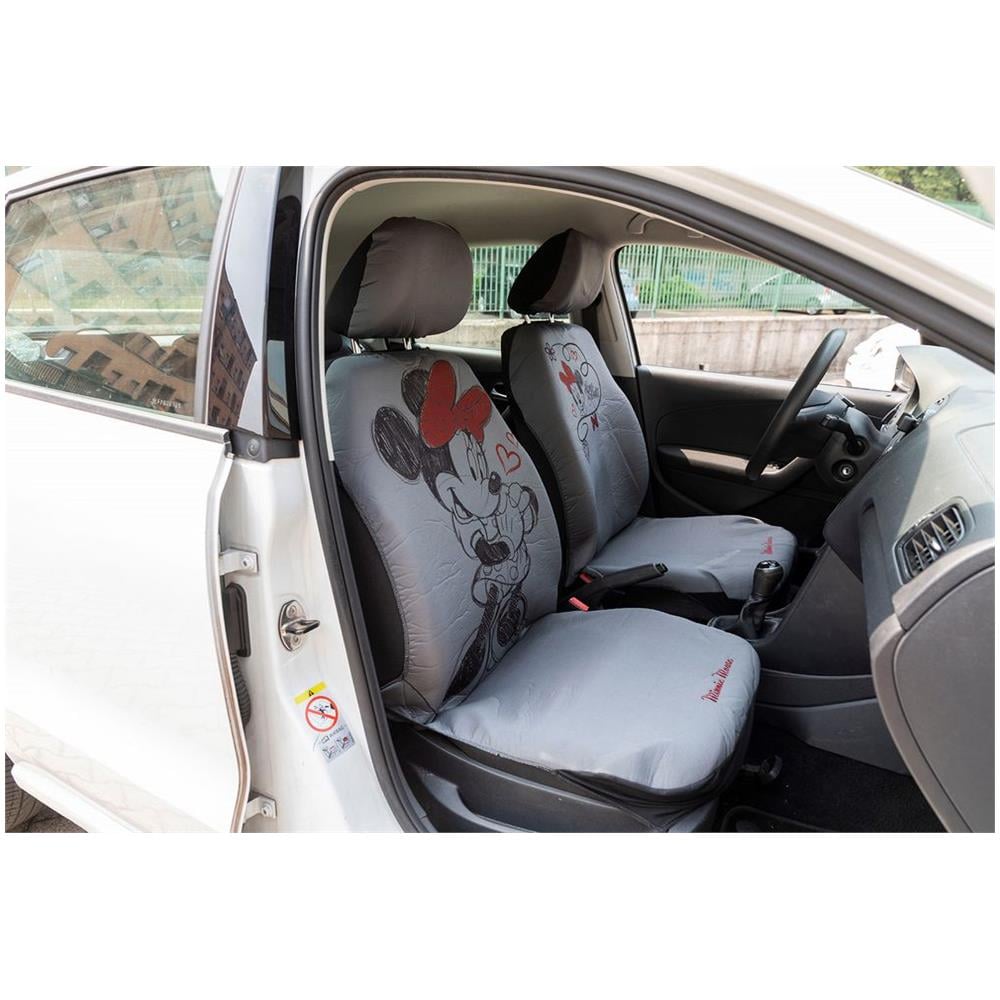 Coppia Coprisedili Anteriori Auto Minnie Mouse Topolina Poggiatesta Grigio Rosso Airbag Compatibile Universale Per Tutte Le Auto - Foto 3