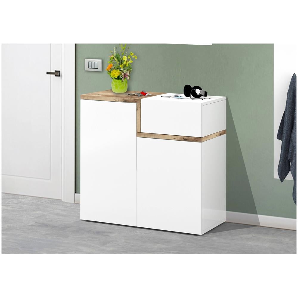 Dmora - Scarpiera Morfeo, Mobile Multiuso A 2 Ante E 1 Anta A Ribalta Portascarpe Da Ingresso Mobile Multiuso Cm 80x40h80 Colore Bianco Lucido E Acero 39795547
