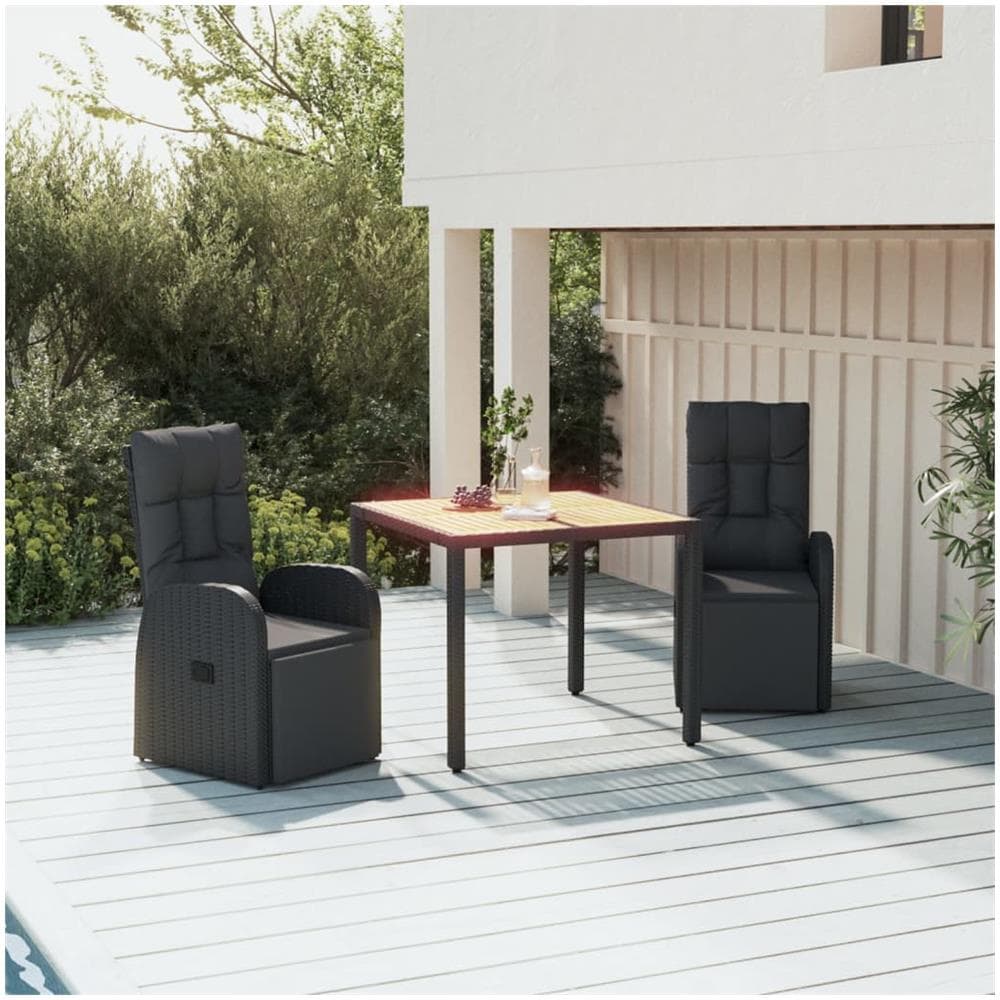 Set Pranzo Giardino 3pz Nero Polyrattan E Legno Massello Acacia - Foto 1