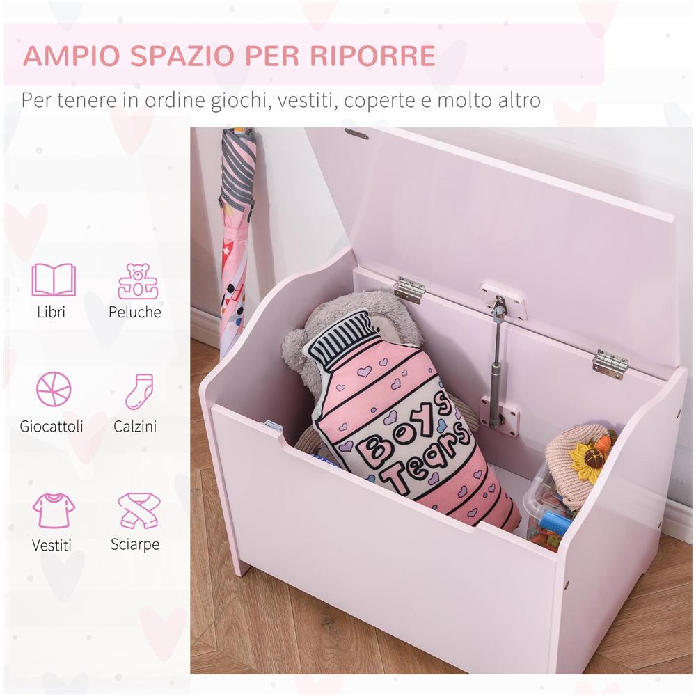 Cassapanca Portagiochi in Legno, Panca Contenitore per Cameretta Coperchio con Pistone Pneumatico, 60x40x48cm, Rosa - Foto 6