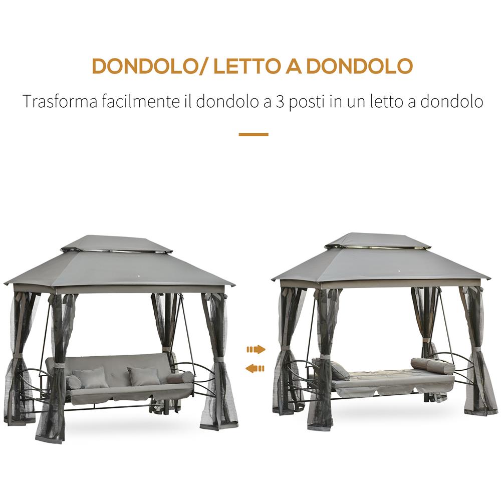 Dondolo 3 Posti Reclinabile Con Copertura A Gazebo Zanzariera E Cuscini, Grigio Scuro - Foto 8