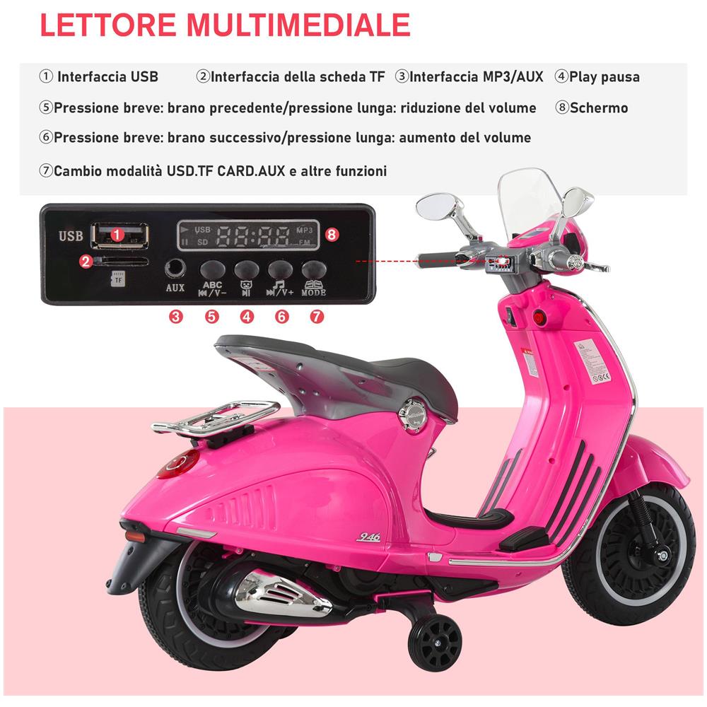 Moto Elettrica per Bambini con Licenza Ufficiale Vespa, 2 Rotelle, Luci e Suoni, 108x49x75 cm, Rosa - Foto 6