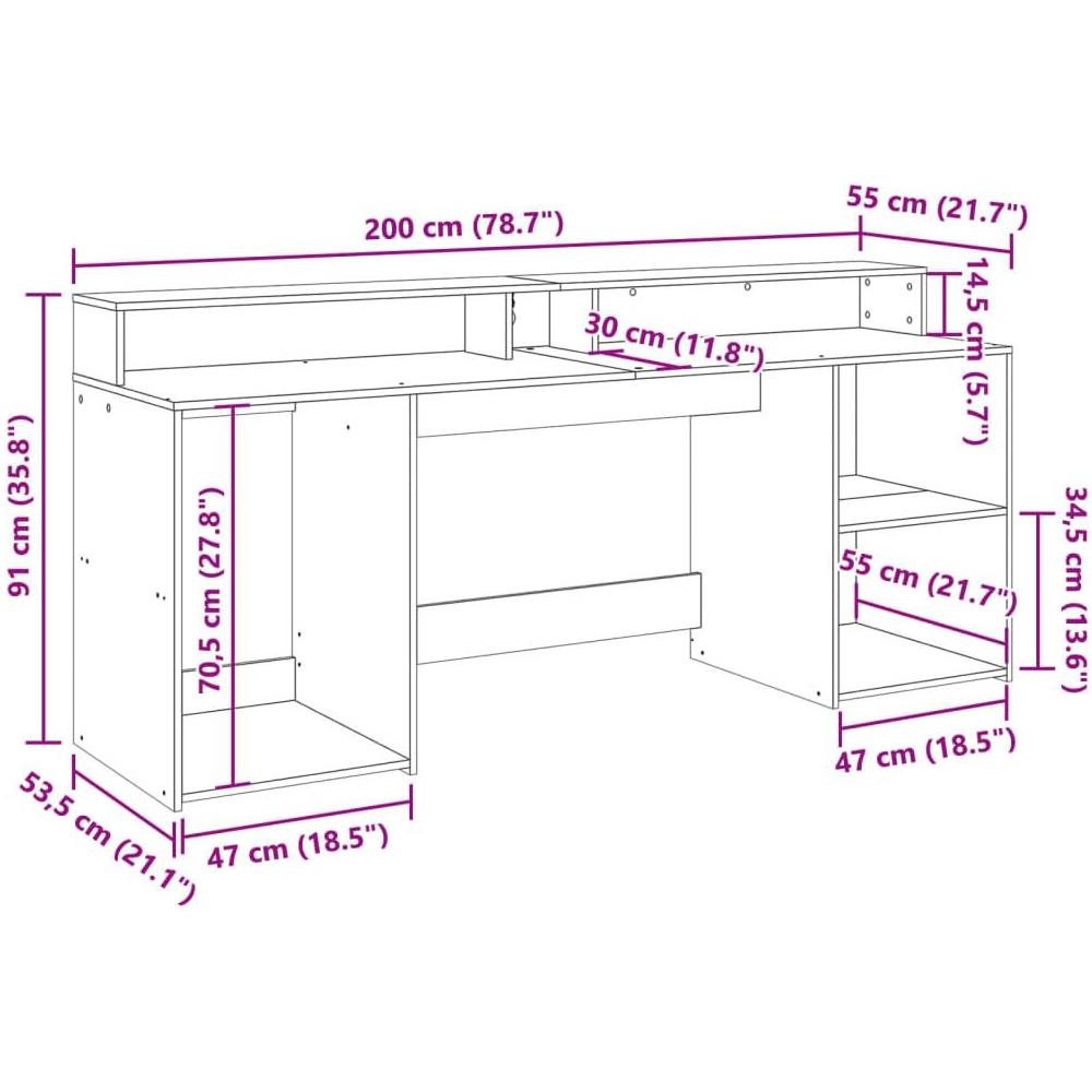 Scrivania con Luci LED Grigio Cemento 200x55x91 cm Truciolato - Foto 10