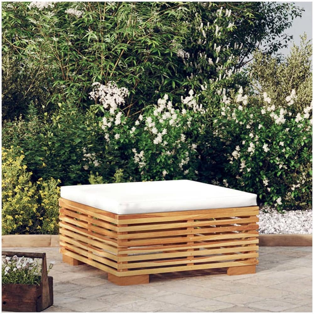 Poggiapiedi Da Giardino Con Cuscino Crema Legno Massello Teak - Foto 1