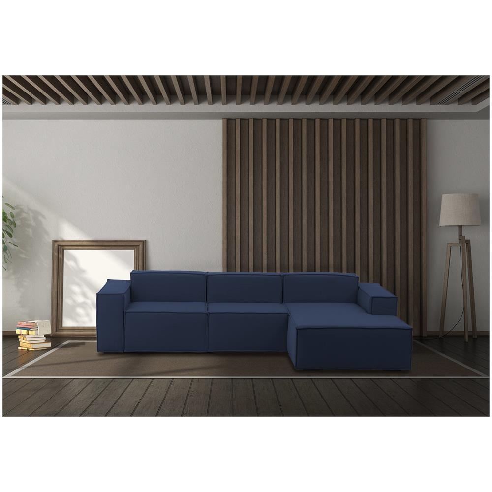 Divano Fisso Giovanna, Divano Componibile A 3 Posti Con Penisola Destra, 100% Made In Italy, Sofà Moderno In Tessuto, Cm 300x170h70, Blu - Foto 1