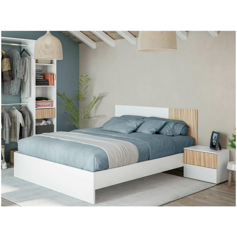 Testiera Letto Yuma, Testata Letto Con 2 Comodini, Set Per Camera Da Letto, 266x34h89 Cm, Bianco E Rovere - Foto 1