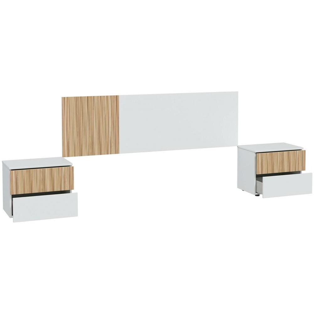 Testiera Letto Yuma, Testata Letto Con 2 Comodini, Set Per Camera Da Letto, 266x34h89 Cm, Bianco E Rovere - Foto 2
