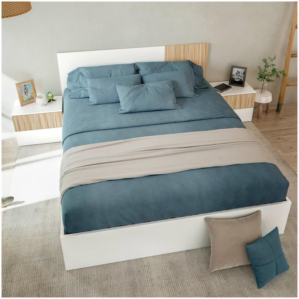 Testiera Letto Yuma, Testata Letto Con 2 Comodini, Set Per Camera Da Letto, 266x34h89 Cm, Bianco E Rovere - Foto 4