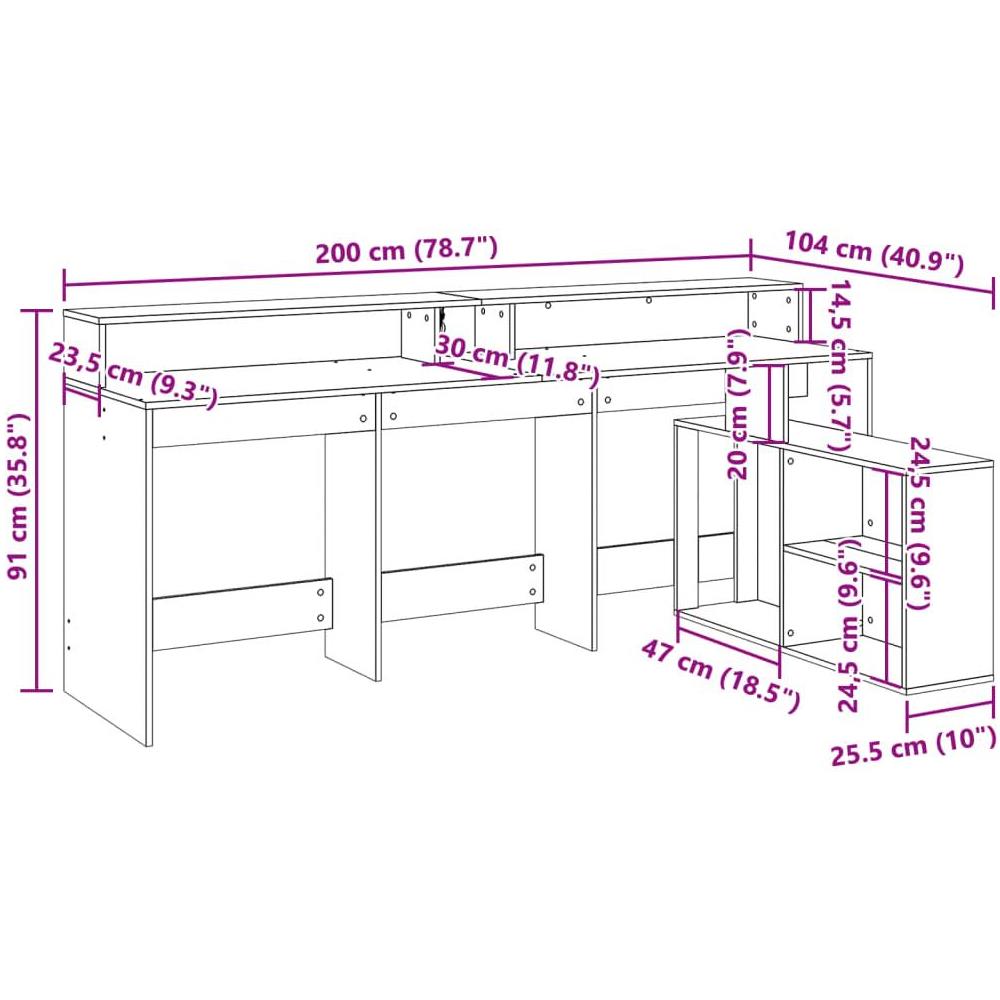 Scrivania con Luci LED Rovere Sonoma 200x104x91cm in Truciolato - Foto 10