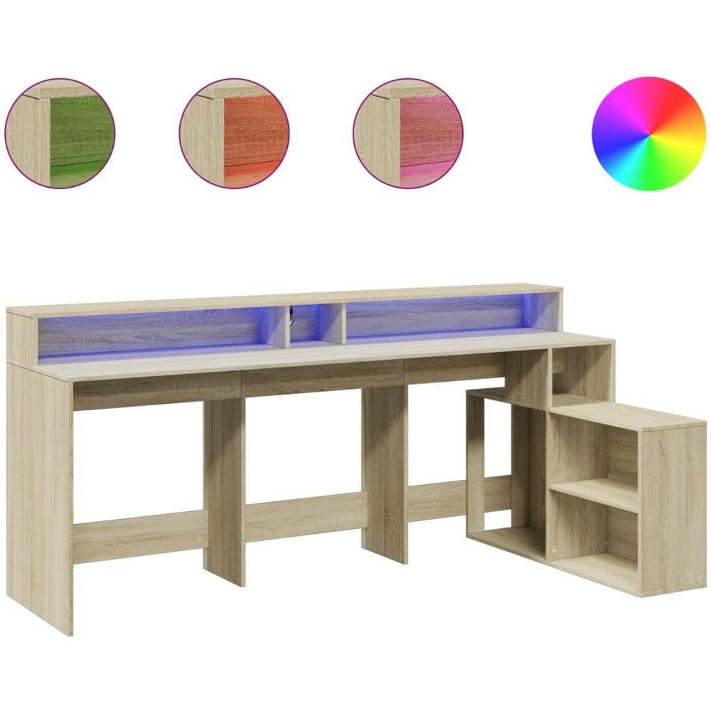 Scrivania con Luci LED Rovere Sonoma 200x104x91cm in Truciolato - Foto 1