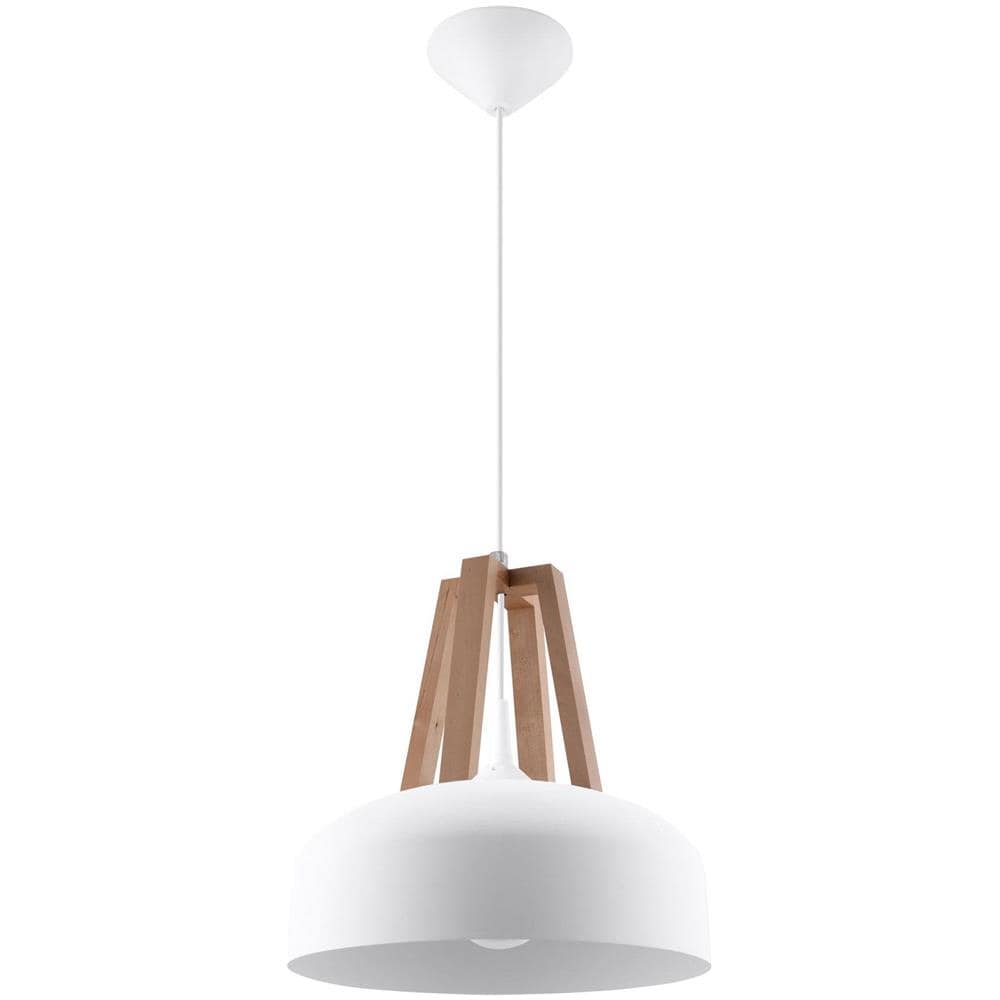 Sospensione A Soffitto 1 Luce Cupola Bianco, Legno Naturale, E27 - Foto 1