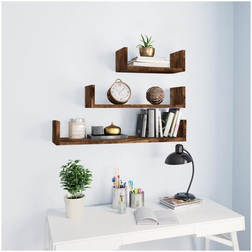 Mensole Espositive Da Parete 3 Pz Rovere Fumo Legno Multistrato - Foto 1
