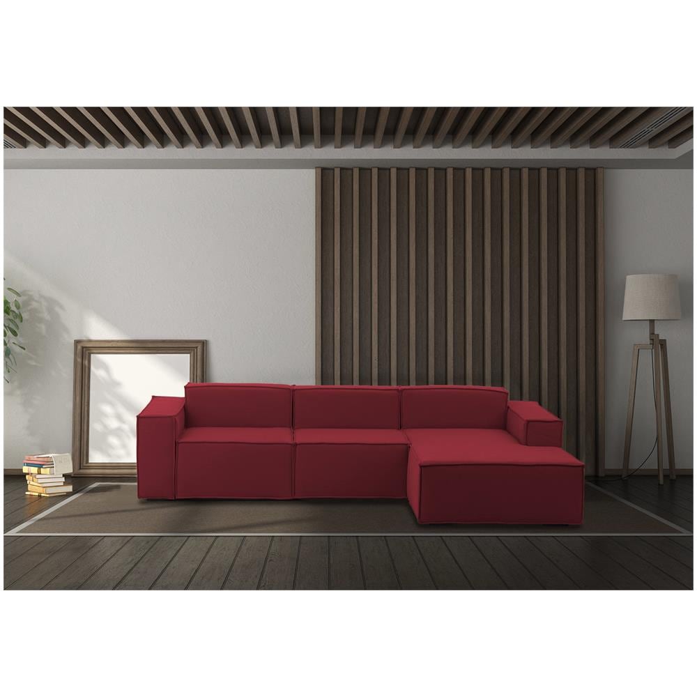 Divano Fisso Giovanna, Divano Componibile A 3 Posti Con Penisola Destra, 100% Made In Italy, Sofà Moderno In Tessuto, Cm 300x170h70, Rosso - Foto 1
