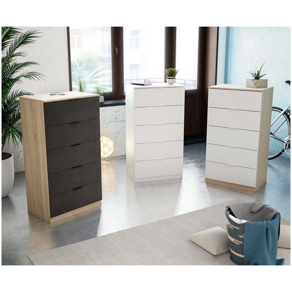 Cassettiera Mesquite, Settimanale A 5 Cassetti, Mobile Comò Per Camera Da Letto, Settimanale Moderno, 60x40h110 Cm, Bianco - Foto 4