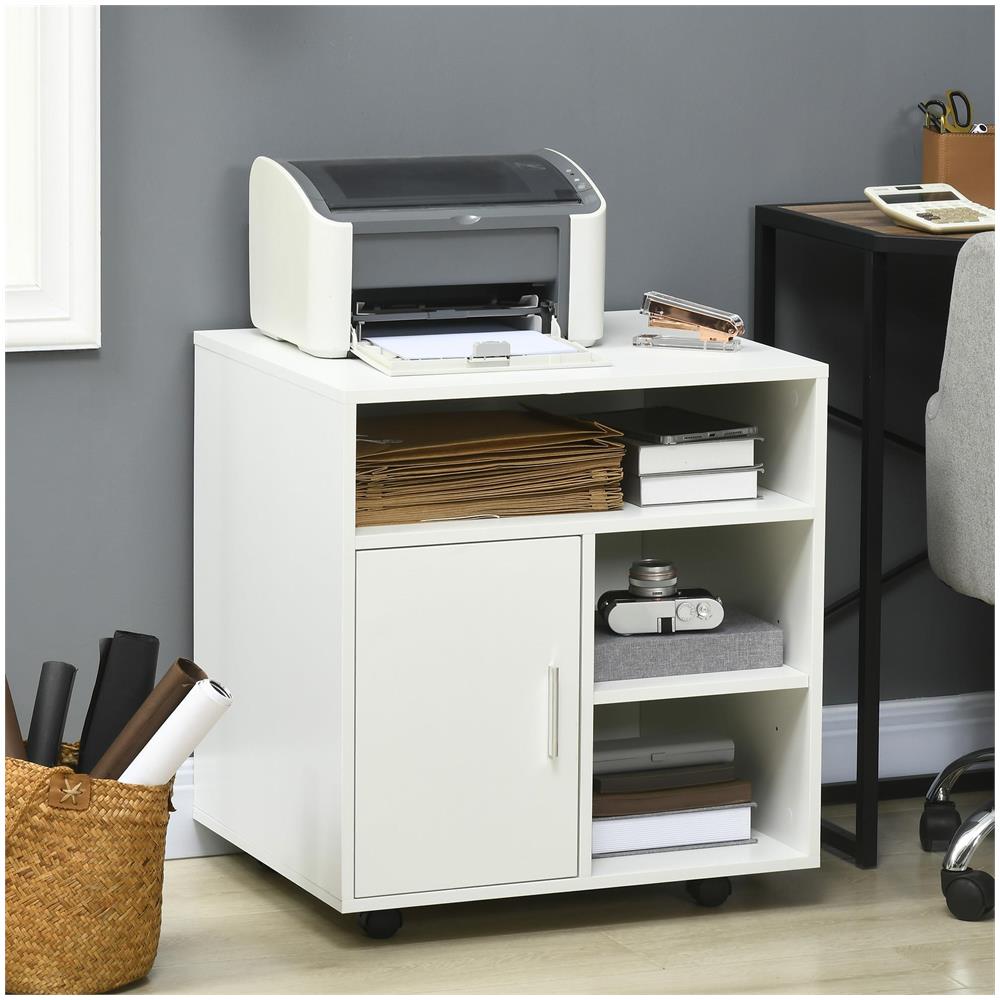 Mobiletto Porta Stampante con Ripiani Aperti e Armadietto in Legno, 60x50x65.5cm, Bianco - Foto 2