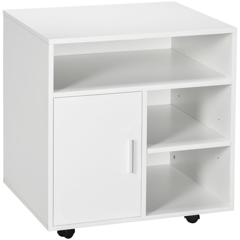 Mobiletto Porta Stampante con Ripiani Aperti e Armadietto in Legno, 60x50x65.5cm, Bianco - Foto 1